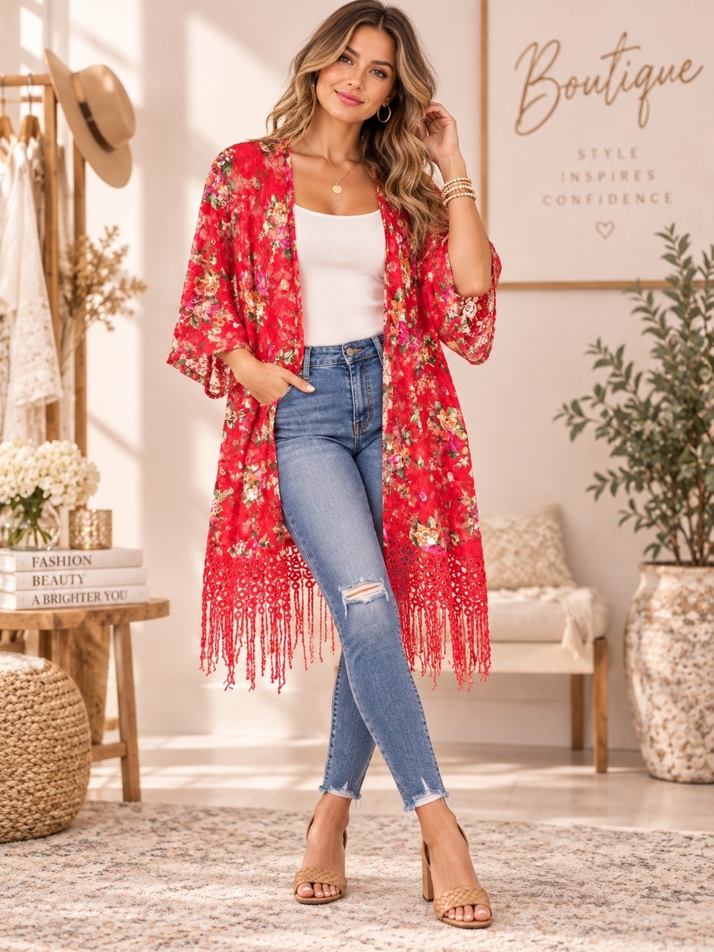 Sweet Rain Red Floral Fringe Kimono Cardigan
